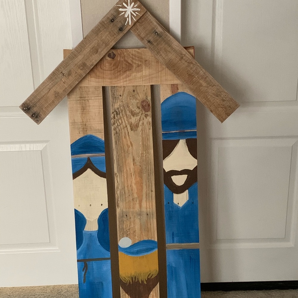 Mary, Joseph and baby Jesus made from pallet wood